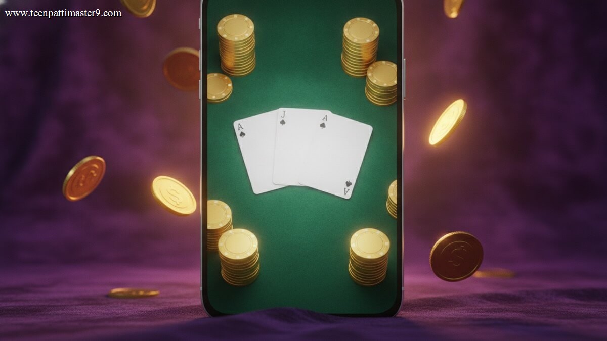 Smartphone showing a Teen Patti card table with three cards, surrounded by gold coins – best Teen Patti apps 2026