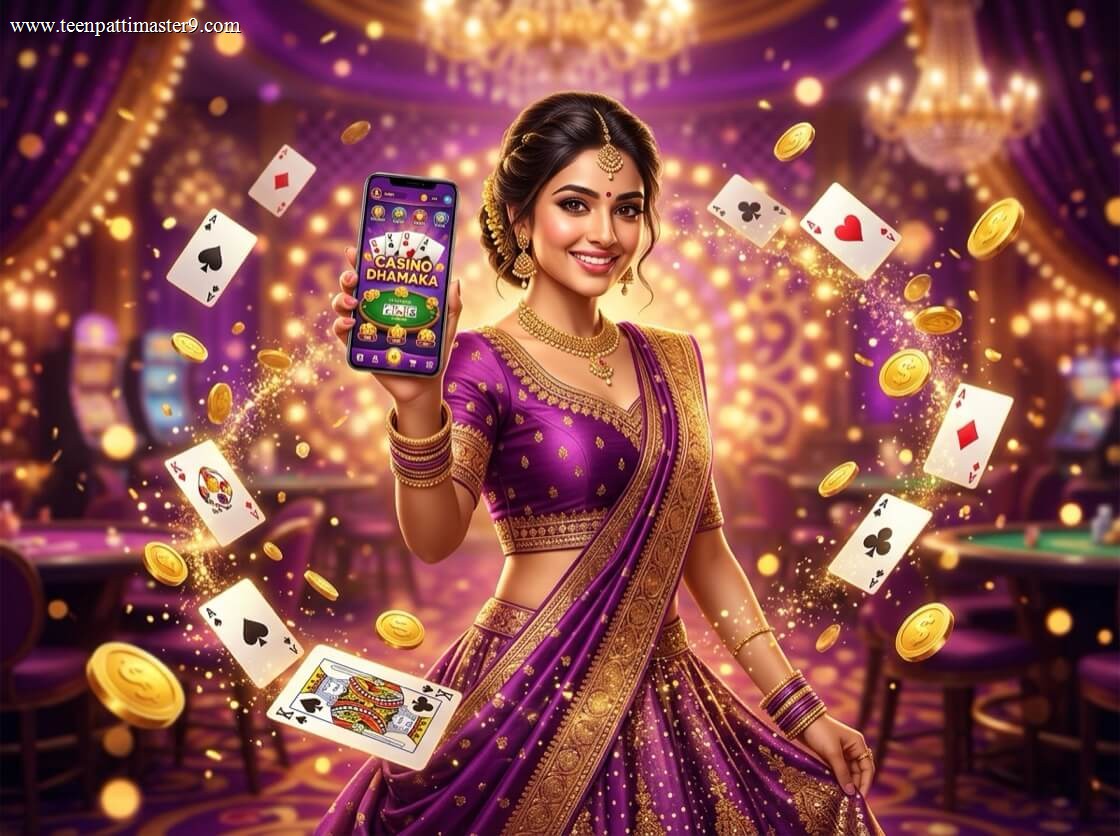 Indian woman in purple lehenga presenting the Teen Patti Master app on a smartphone