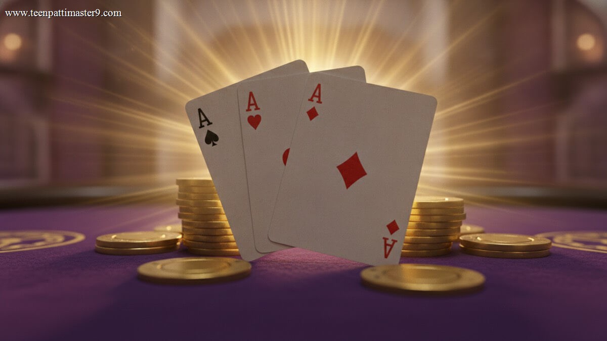 Trail of aces – the highest hand in Teen Patti hand rankings – fanned on a purple card table