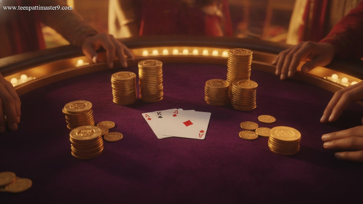 Five-player Teen Patti table with three cards and gold chips – learning how to play Teen Patti